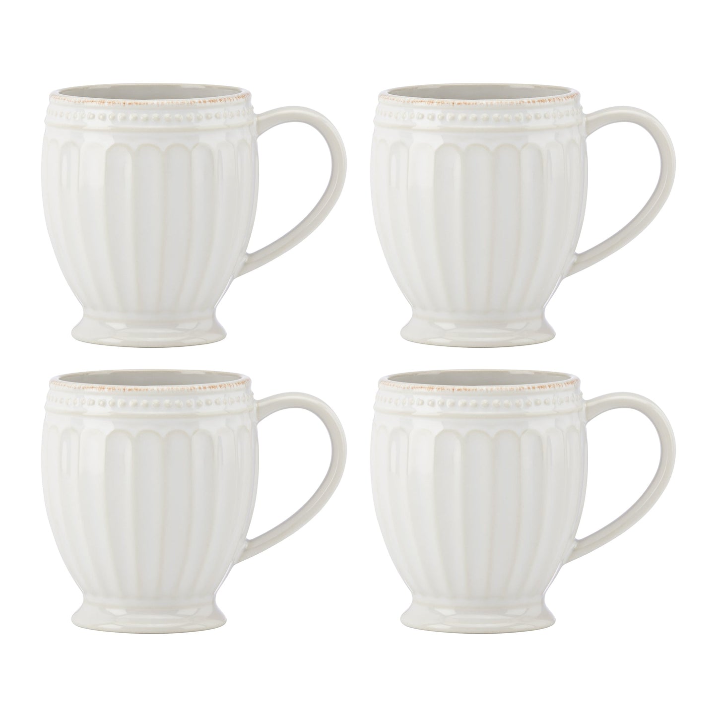French Perle Groove White Mugs, Set of 4