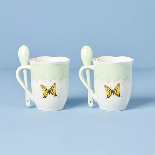 Butterfly Meadow Green Mugs with Spoons, Set of 2