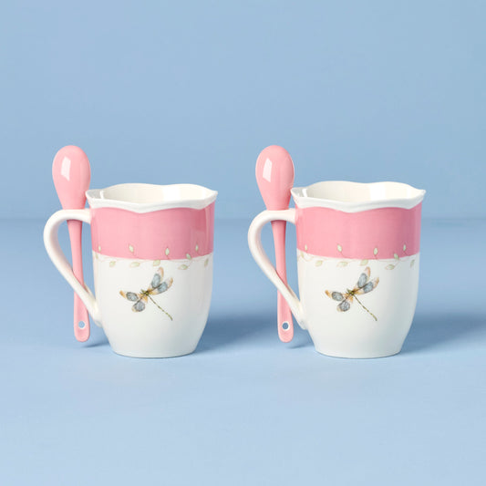 Butterfly Meadow Pink Mugs with Spoons, Set of 2