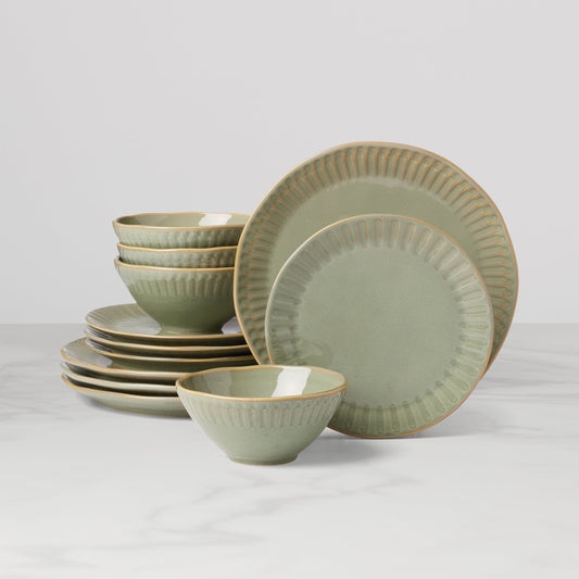 Artisanal Stripe Green 12-Piece Dinnerware Set