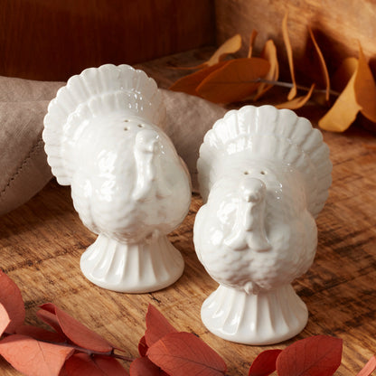 French Perle White Carved Turkey Salt & Pepper Set