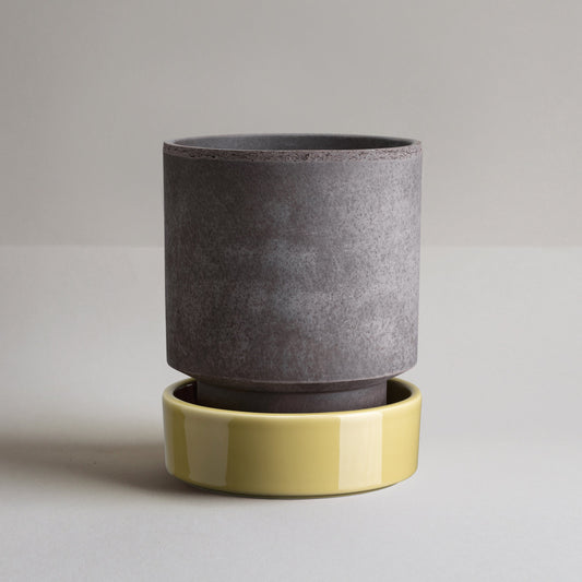 Hoff Raw Grey & Glazed Pale Yellow 14cm Pot with Saucer