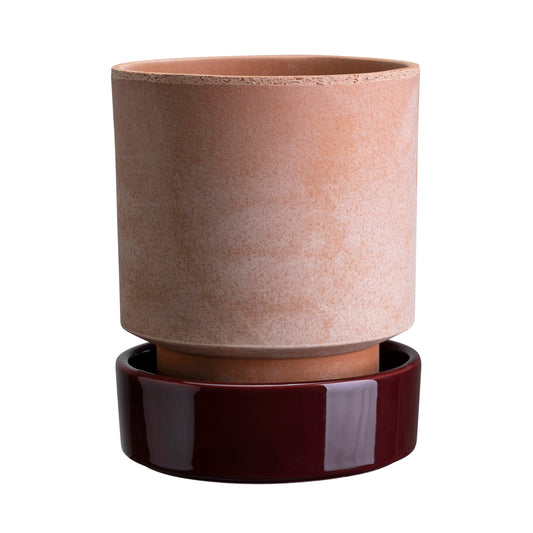 Hoff Raw Rosa & Glazed Deep Burgundy 14cm Pot with Saucer