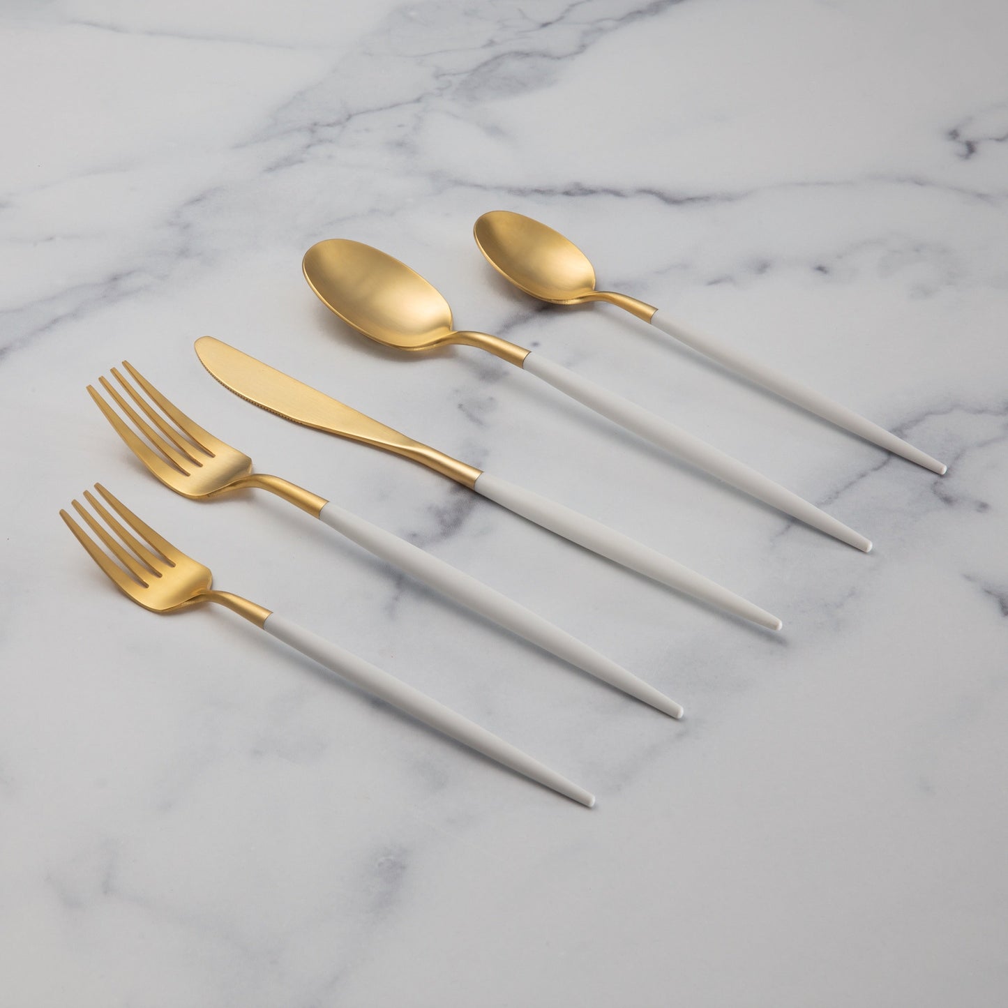 Mazzy Gold Satin White Pom Handle 20-Piece Flatware Set