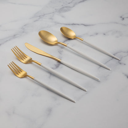 Mazzy Gold Satin White Pom Handle 20-Piece Flatware Set